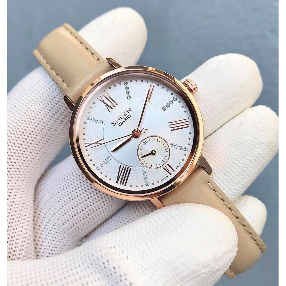 Đồng Hồ Nữ Casio Sheen SHE-3066PGL-7BVDF Dây Da - Mặt Đính Đá