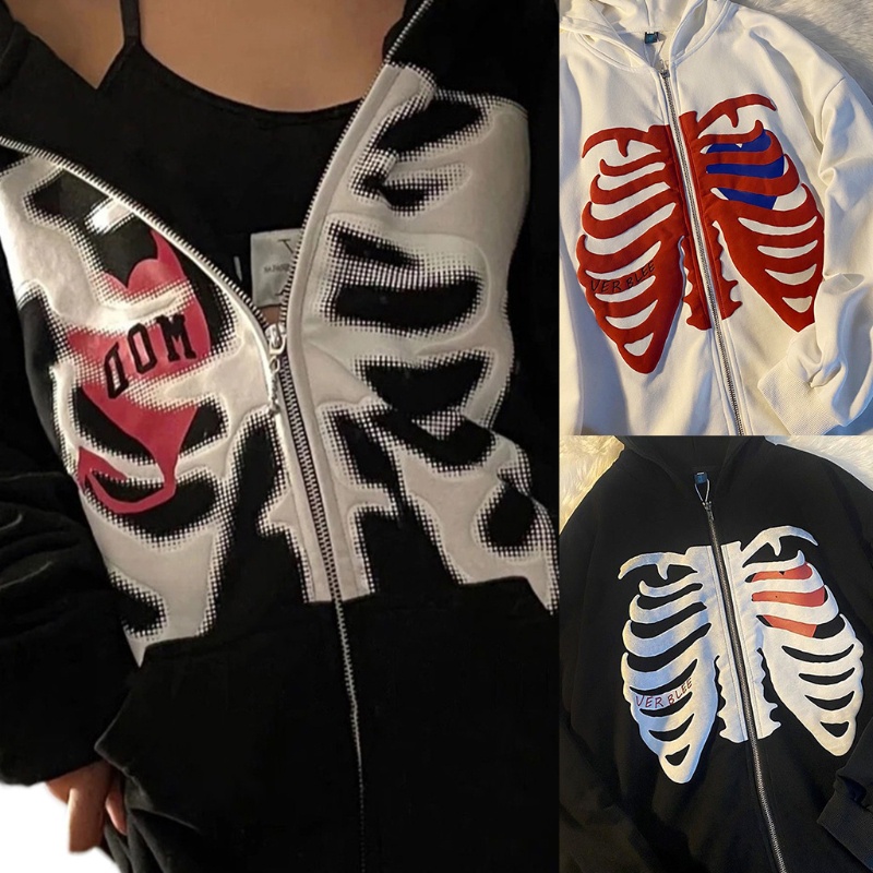 Áo khoác hoodie có khóa kéo dáng rộng quá cỡ màu trơn in họa tiết bộ xương phong cách gothic hip hop thời trang cho nữ