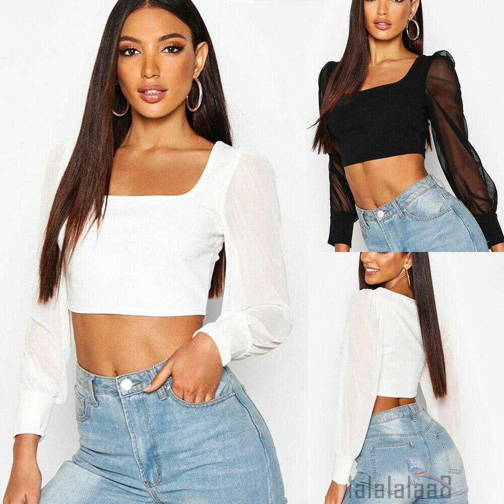 ☆➔❤Sexy Lady Perspective Transparent Mesh Long Sleeve Party Club Cropped Top | BigBuy360 - bigbuy360.vn