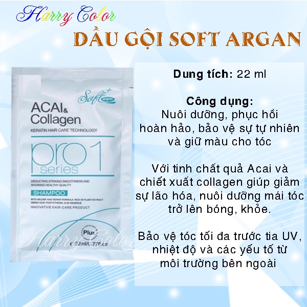 Cặp dầu gội xả nước hoa Acai &amp; Collagen Argan Soft+ 22ml FREESHIP &gt;50K Phục hồi tóc sau tẩy và nhuộm, sử dụng tiện lợi