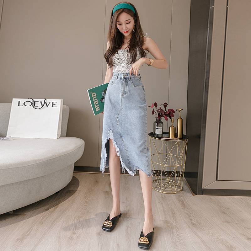 Chân Váy Denim Dáng Chữ A Lưng Cao Phối Rách Kiểu Hàn Quốc Cá Tính | BigBuy360 - bigbuy360.vn