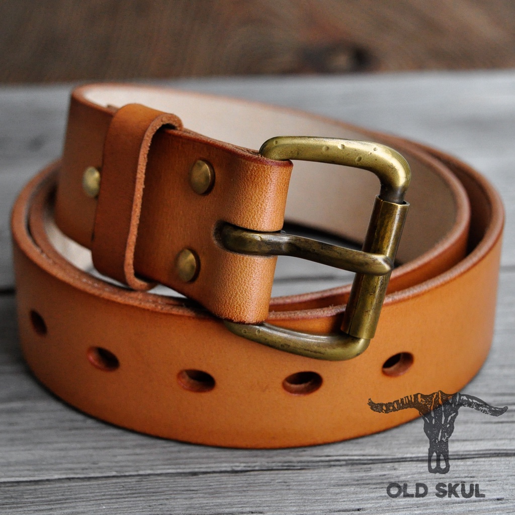 Dây lưng da handmade Old Skul da veg Ý màu tự nhiên không nhuộm, khóa đồng thau phong cách bụi và cổ điển DLOS01