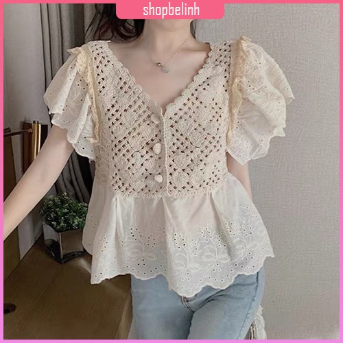 Áo freesize kiểu dáng babydoll, áo cánh tiên thêu hoa cổ v tiểu thư-shopbelinh