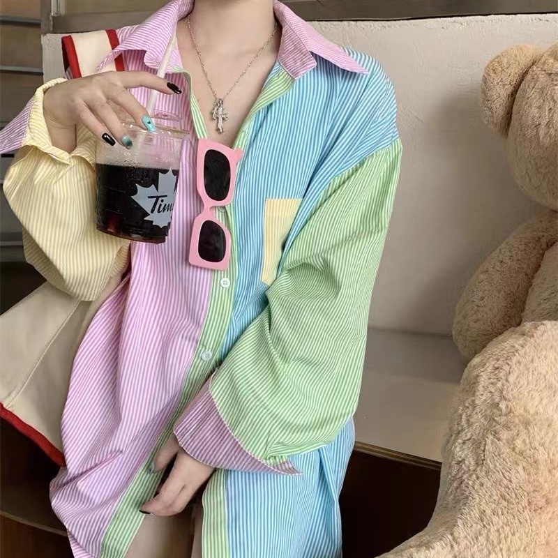 Áo sơ mi COZOK tay dài họa tiết kẻ sọc thời trang Hàn Quốc dễ phối đồ cho nữ