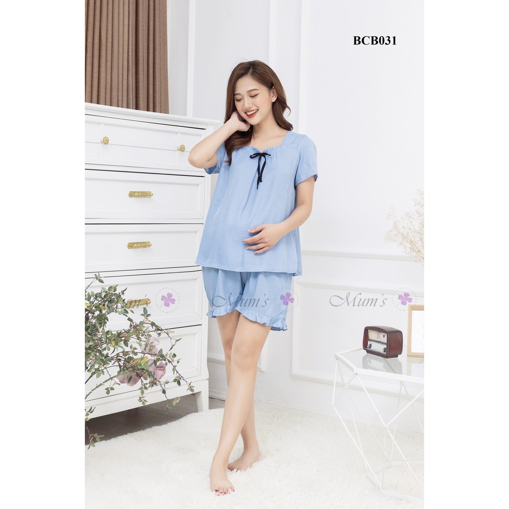 Đồ bộ bầu và sau sinh  FREESHIP  bộ đũi xanh cổ vuông bèo nơ đen cộc tay