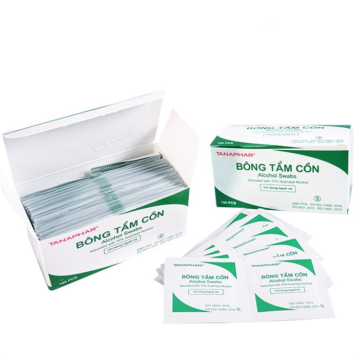 Hộp 100 miếng gạc tẩm cồn sát khuẩn, bông tẩm cồn y tế, cồn khô Alcohol Pads dùng trong y tế và làm đẹp, làm móng