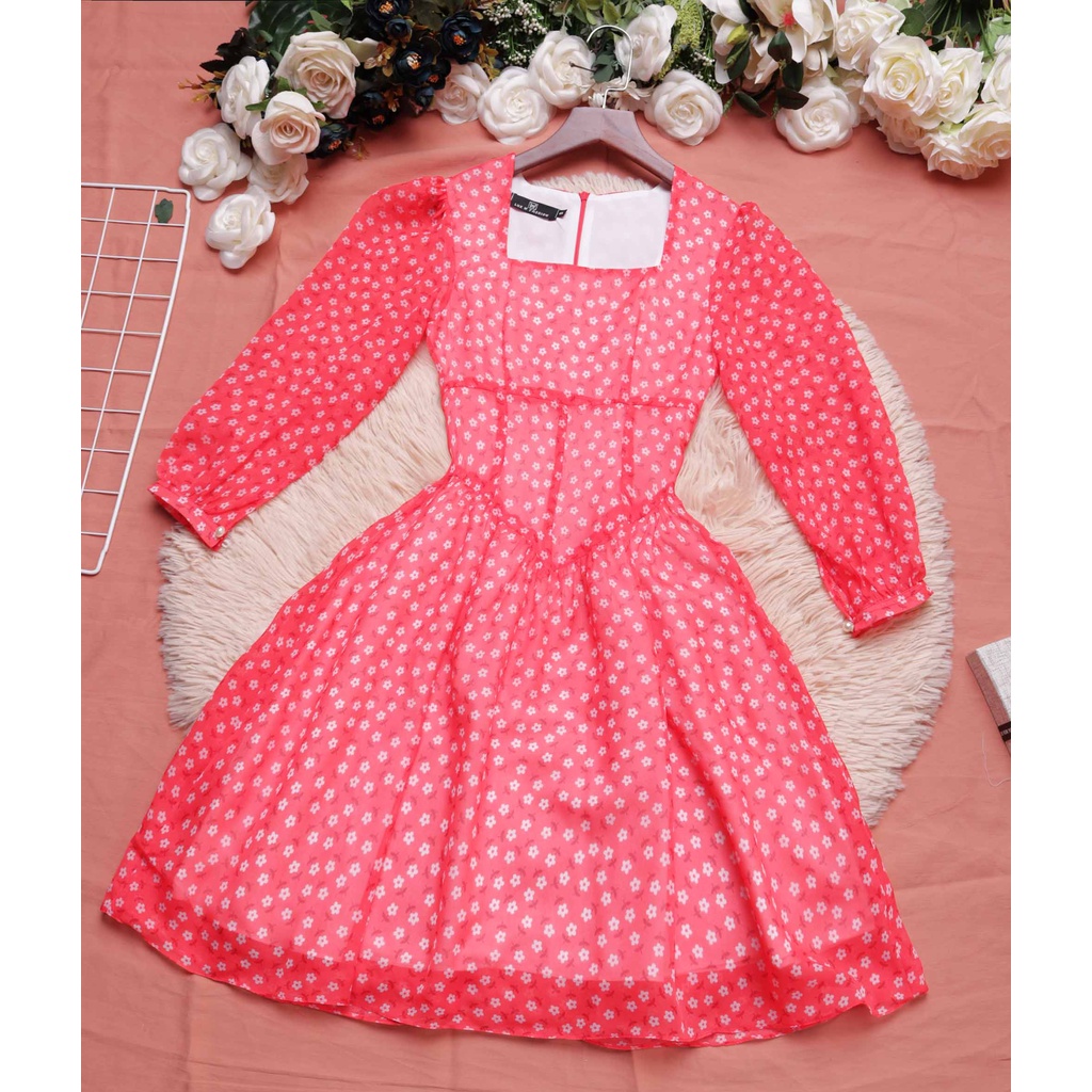 Đầm đỏ dự tiệc sang trọng thiết kế cổ vuông dáng xòe tay lỡ thanh lịch chấm bi hoa xinh eo tôn dáng – Thời trang Lux W