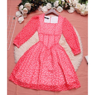 Đầm đỏ dự tiệc sang trọng thiết kế cổ vuông dáng xòe tay lỡ thanh lịch chấm bi hoa xinh eo tôn dáng – Thời trang Lux W