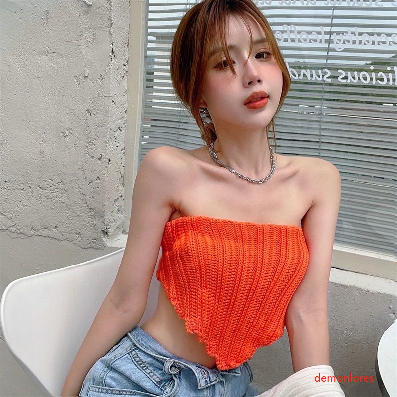 Áo croptop dệt kim không tay buộc dây sau lưng màu trơn gợi cảm cho nữ