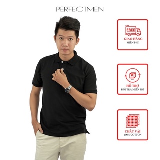 Áo thun Polo nam cao cấp 100% cotton PERFECTMEN vải cá sấu màu đen co giãn 4 chiều thoáng mát xuất xịn sang trọng