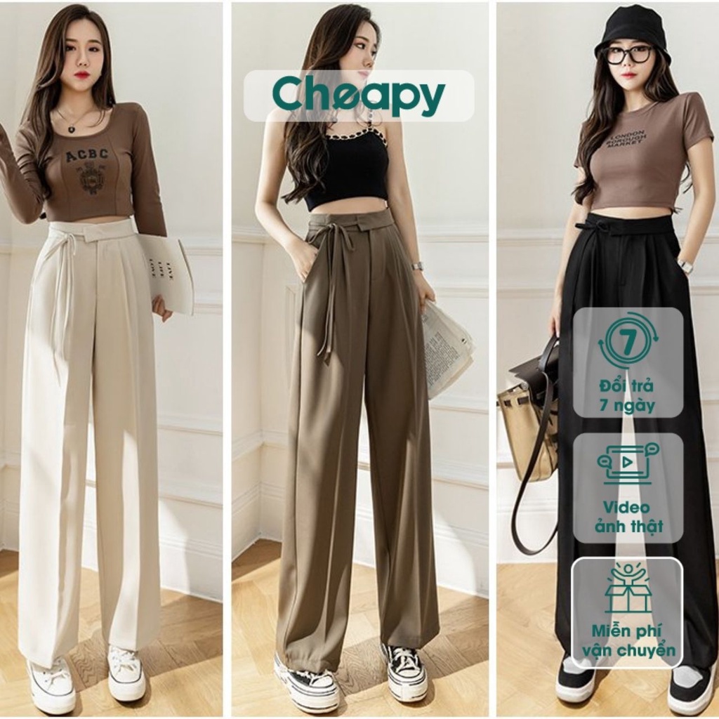 Quần dài nữ ống suông rộng Magic Pants chất đũi xước đen nâu be buộc dây bên công sở cạp cao C809