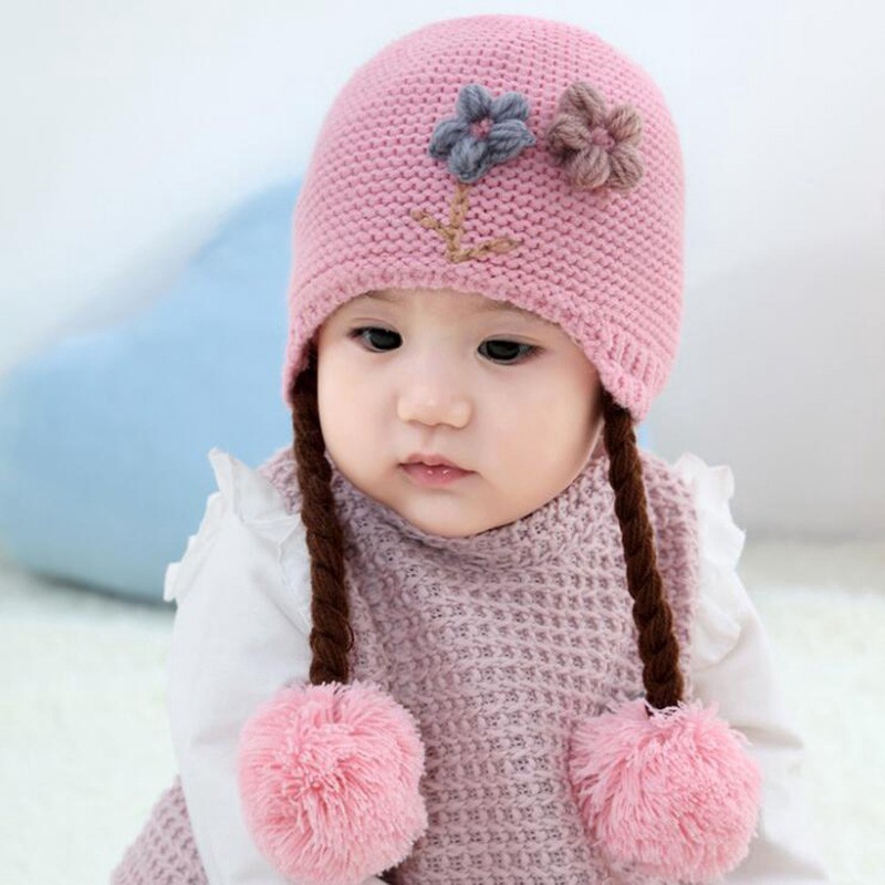 Mũ Len Trùm Đầu Đính Hoa Cho Bé Gái