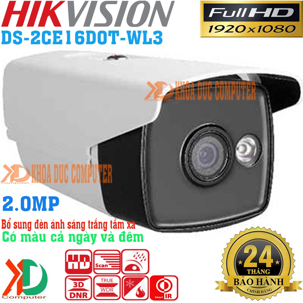 Camera TVI 2.0MP thân trụ HIKVISION DS-2CE16D0T-WL3 hồng ngoại 40m có màu cả ban đêm 1 đèn soi tầm xa