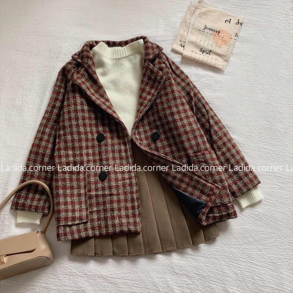 Áo khoác dạ nữ Caro chất dày dặn 2 lớp tông màu vintage ulzzang hàn quốc Ladida