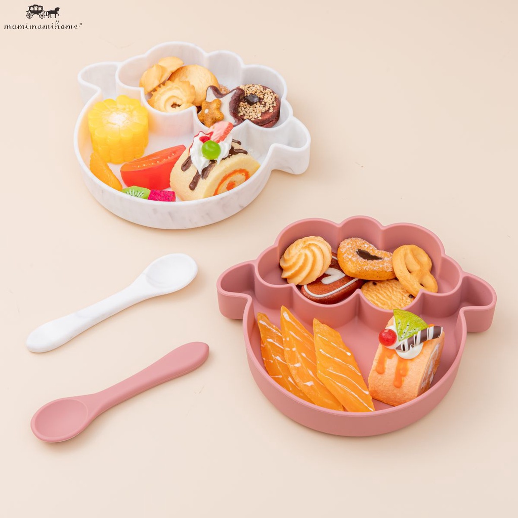 Set đĩa MAMIMAMIHOME chia 2 ngăn kèm thìa ăn dặm bằng silicone không chứa BPA cho trẻ mới biết đi