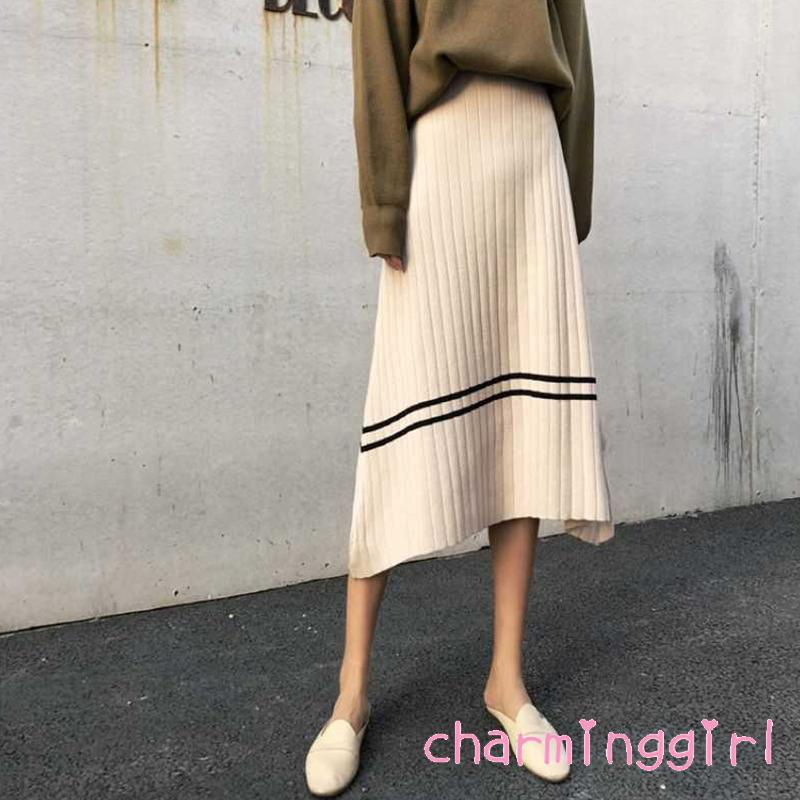 Chân váy midi dệt kim lưng cao màu sắc tương phản thời trang cho nữ