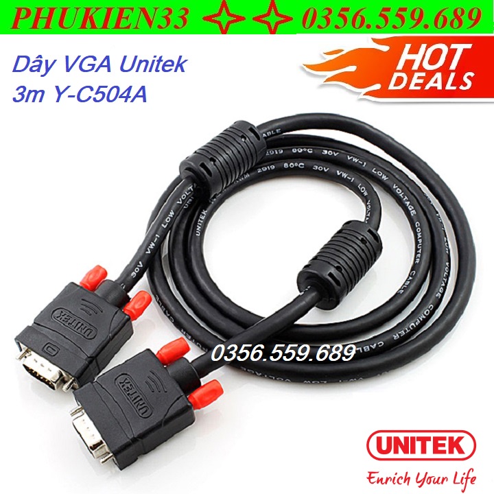 Cáp VGA PK-13 3m chính hãng Unitek Y-C504A Cao cấp