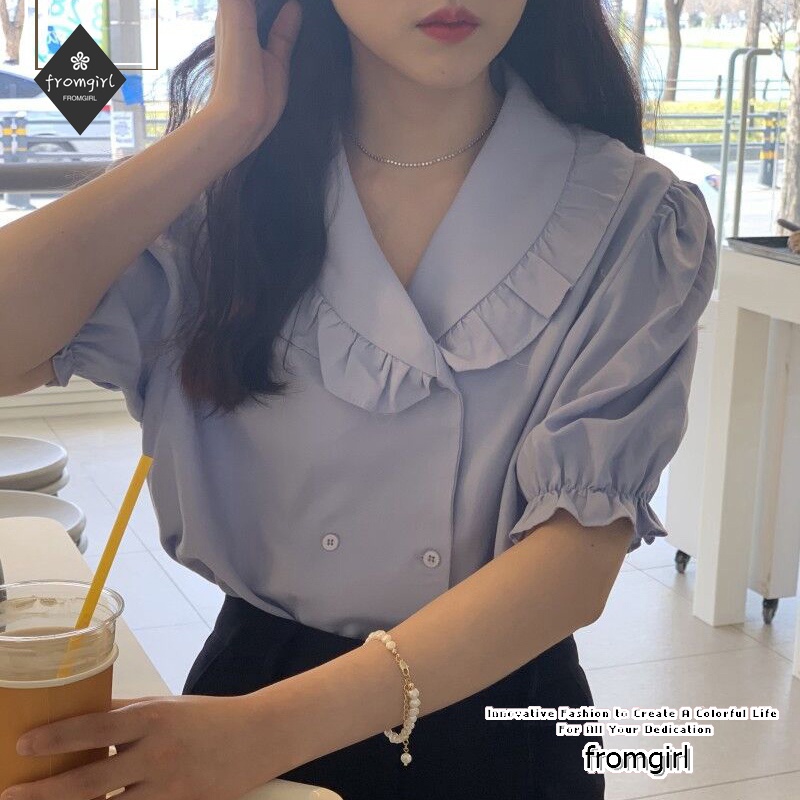 Áo Sơ Mi Nữ Tay Ngắn Phồng Hai Hàng Nút Thời Trang Mùa Hè