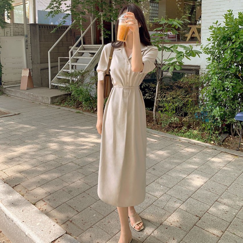 Váy Midi ngắn tay Màu trơn Phong Cách Hàn Quốc 43940