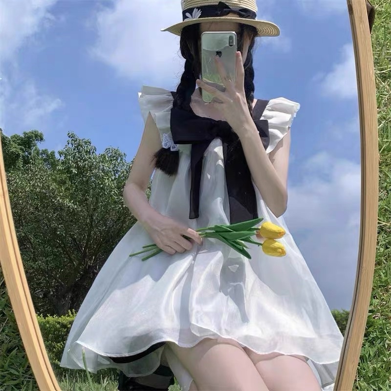 VIDEO ẢNH THẬT🖤Váy trắng babydoll lụa bóng ulzzang tiểu thư đầm công chúa/Váy bánh bèo đáng yêu dễ thương