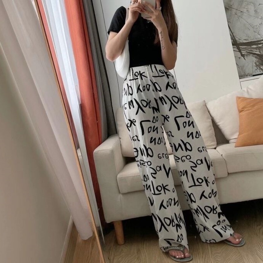 Quần Chiffon Ống Rộng Lưng Thun Co Giãn In Chữ Graffiti Thời Trang Mùa Hè Hàng Mới Dành Cho Bạn Nữ