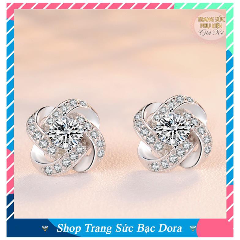 Khuyên tai NỮ hoa 4 cánh tròn cá tính. Khuyên tai BẠC nam nữ kẹp ngọc trai đẹp