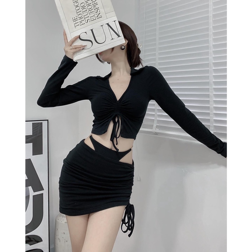 SET VÁY + ÁO CROP TAY DÀI XÍCH EO