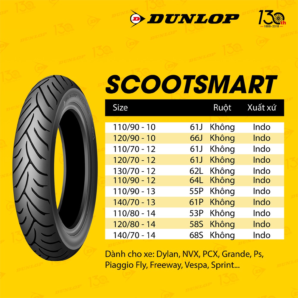 Lốp ( Vỏ )  xe Vespa GTS Dunlop SCOOTSMART trước 120/70-12 TL hoặc sau 130/70-12 TL _ Lốp Trung Thành