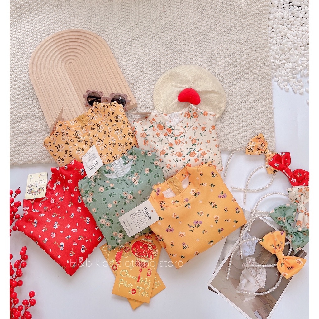 Áo dài cho bé gái,Set 3 chi tiết áo dài cách tân nhung hoa nhí mặc Tết-tay bồng, quần lụa kèm bờm ngọc trai đính nơ xinh