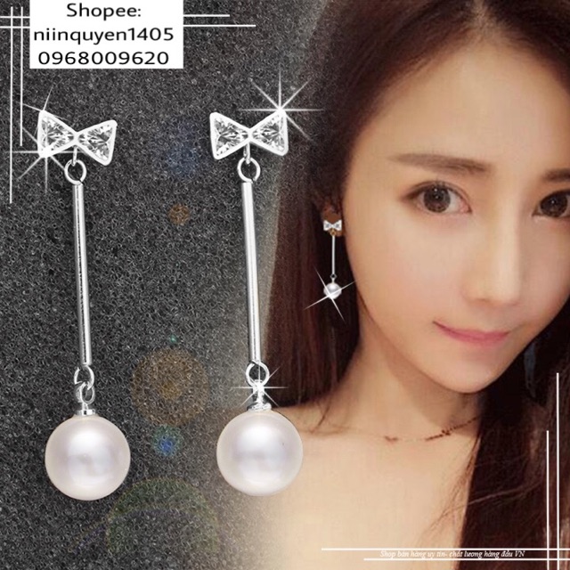 Bông tai nơ đính đá + hạt ngọc