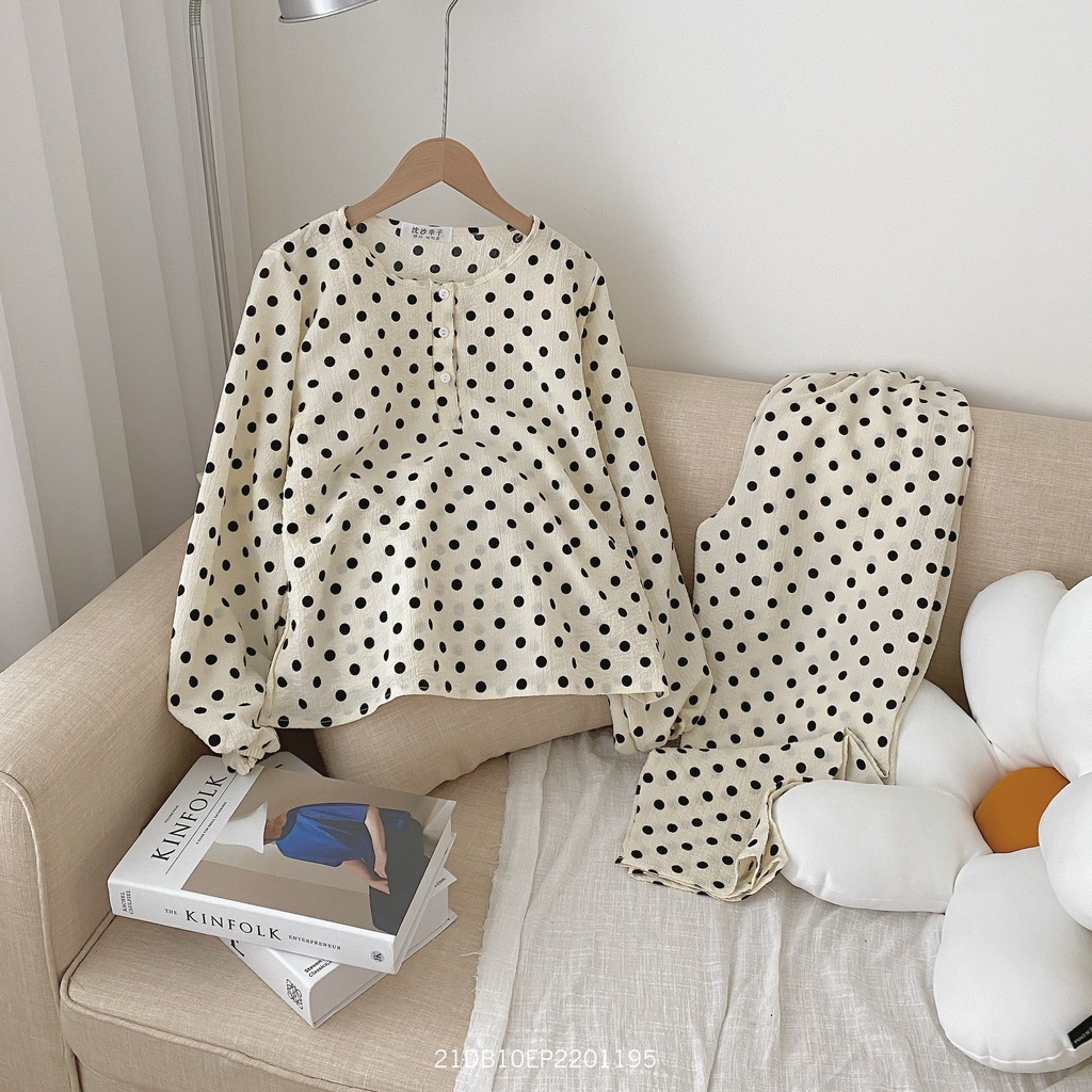 Đồ bộ ngủ nữ tay dài xốp cổ tròn cài nút mặc nhà họa tiết hàn quốc dáng rộng dài Fmstyle Saigon21DB10EP2201-21DB11EP2501 | BigBuy360 - bigbuy360.vn