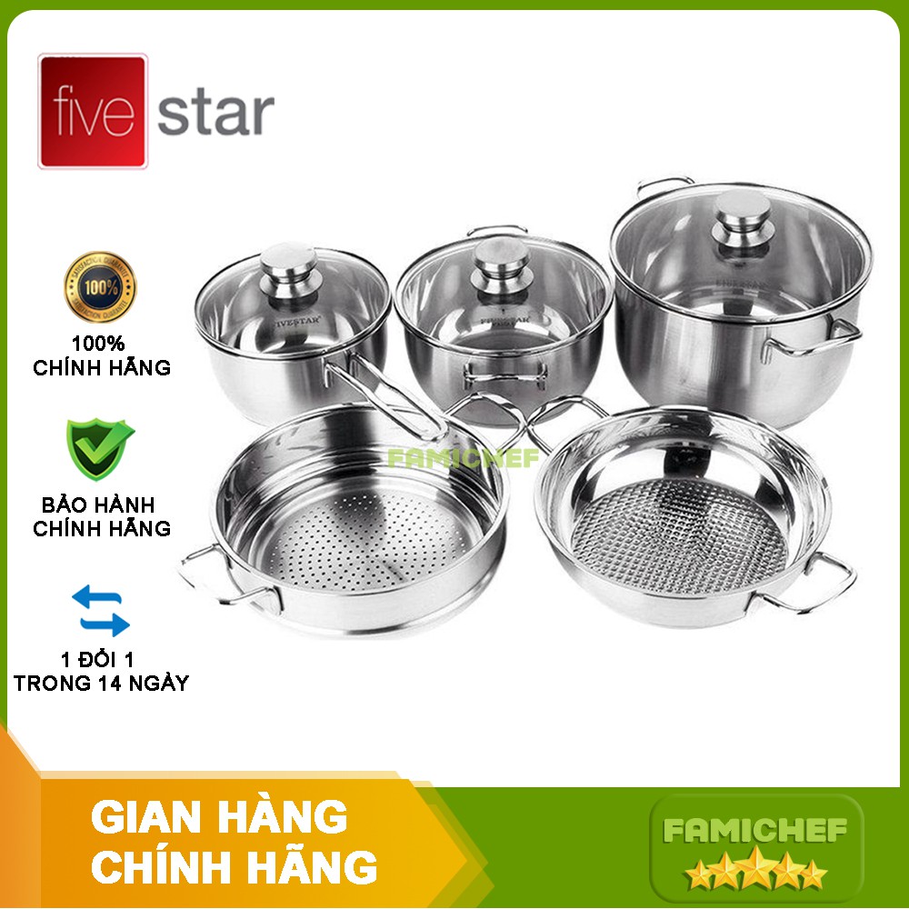 Bộ nồi chảo xửng inox 3 đáy nắp kính FiveStar FS08CG1