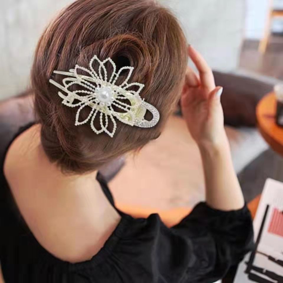 Kẹp Tóc Mỏ Vịt Xoăn Đính Kim Cương & Ngọc Trai Kiểu Hàn Quốc Cho Nữ