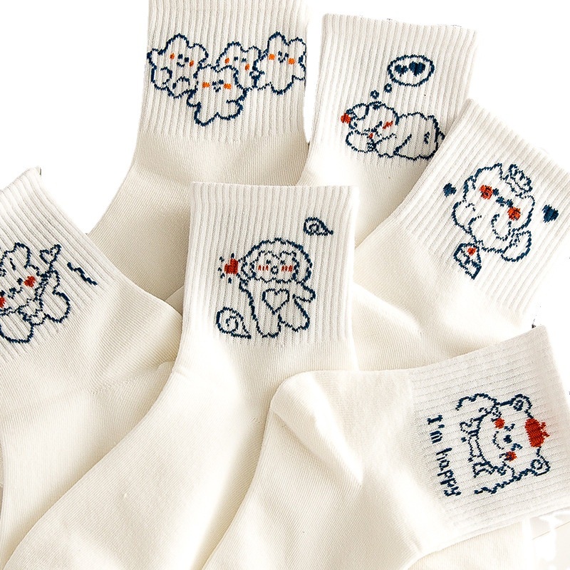 Tất vớ nữ cổ cao cotton trắng hoạ tiết hoạt hình dễ thương phong cách Hàn Quốc