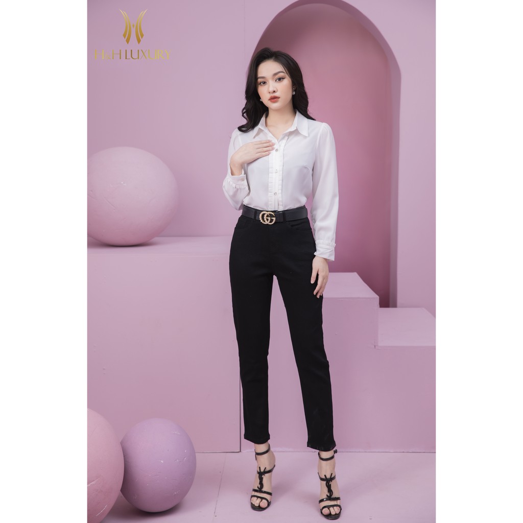 Quần baggy nữ thiết kế H&H Luxury - Quần jean đen baggy cạp cao Dáng thời thượng