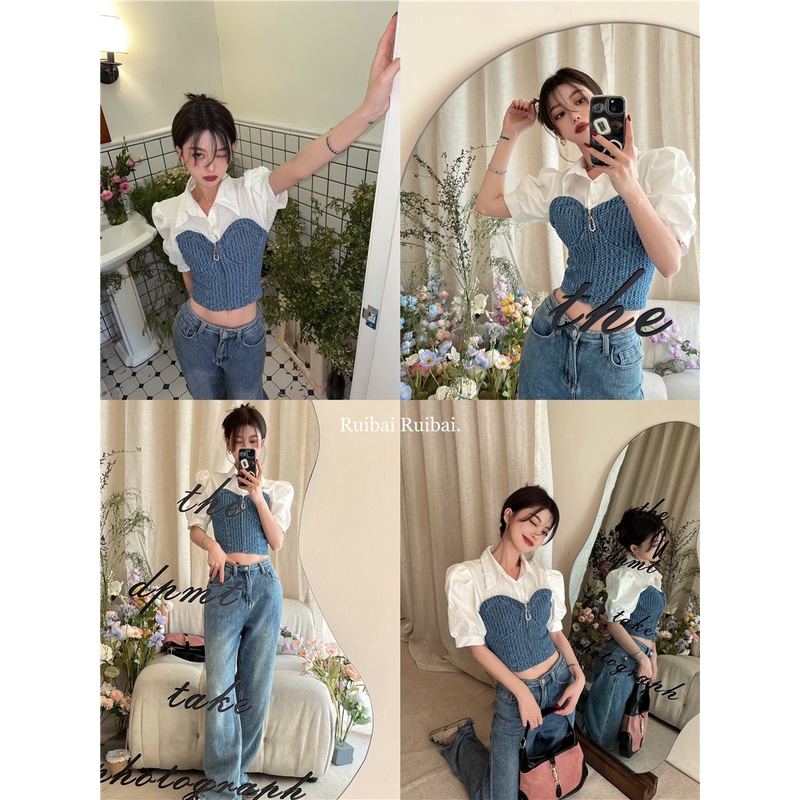 QOEDDV Áo Sơ Mi denim Tay Ngắn Phong Cách Hàn Quốc Thời Trang Cho Nữ