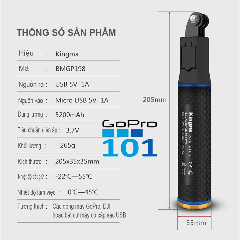 Gậy kiêm sạc dự phòng KingMa cho gopro 5 6 7 8, Sjcam, Yi Action, Osmo Action - Gopro101 - inoxnamkim