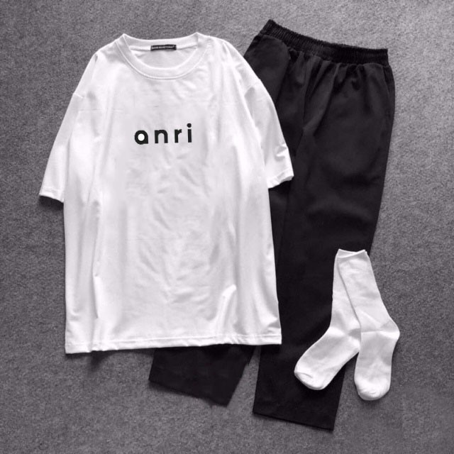 Set Bộ Đồ Gồm Áo Phông Ngắn Tay In Anri Kèm Quần Thô & Jogger Kaki Năng Động, Trẻ Trung, Thoải Mái Hợp Đi Chơi, Đi Chill