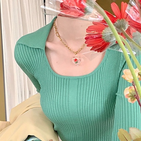 【ZHELIHANGFEI】Áo Dệt Kim Cổ POLO Tay Loe Ôm Dáng Phong Cách Sang Trọng Cho Nữ