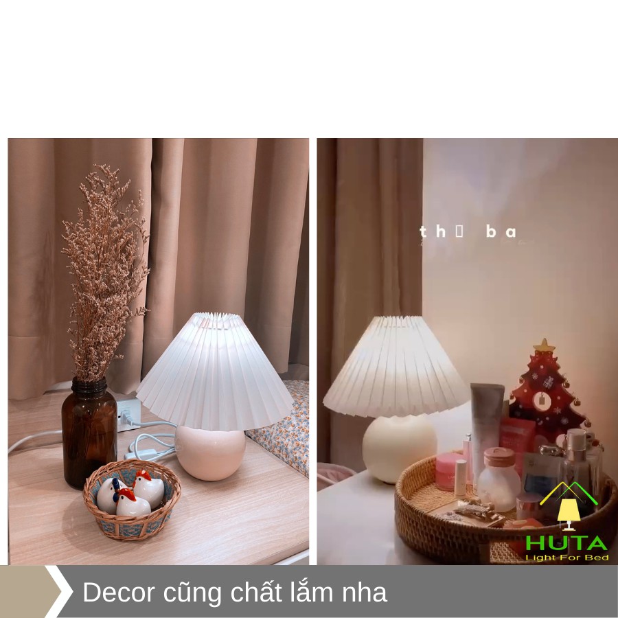 Đèn Ngủ Để Bàn Thân Sứ Vintage Hàn Quốc, Chao Xếp Ly, Led Ánh Sáng Vàng Ấm, Tăng Giảm Độ Sáng, Dùng Đèn Phòng Ngủ - S8