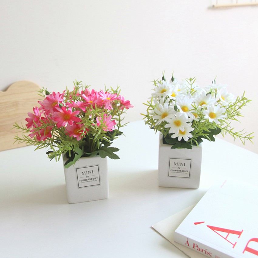 Chậu Hoa giả trang trí để bàn, hoa cúc lụa, chậu bằng sứ MINI BY FLOWER - HF005  (nhiều màu lựa chọn)