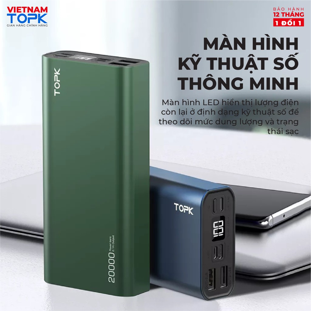 [CHÍNH HÃNG-BẢO HÀNH 12 THÁNG] Sạc dự phòng 20000mAh TOPK I2006 Màn hình LED - 2 cổng ra