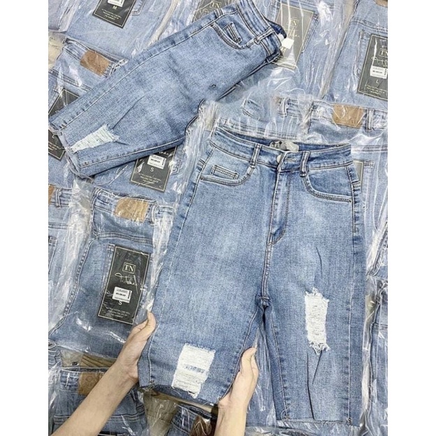 [Bigsize 32-36] Quần Ngố Jean Xanh Nhạt Rách Dài Tua Lai