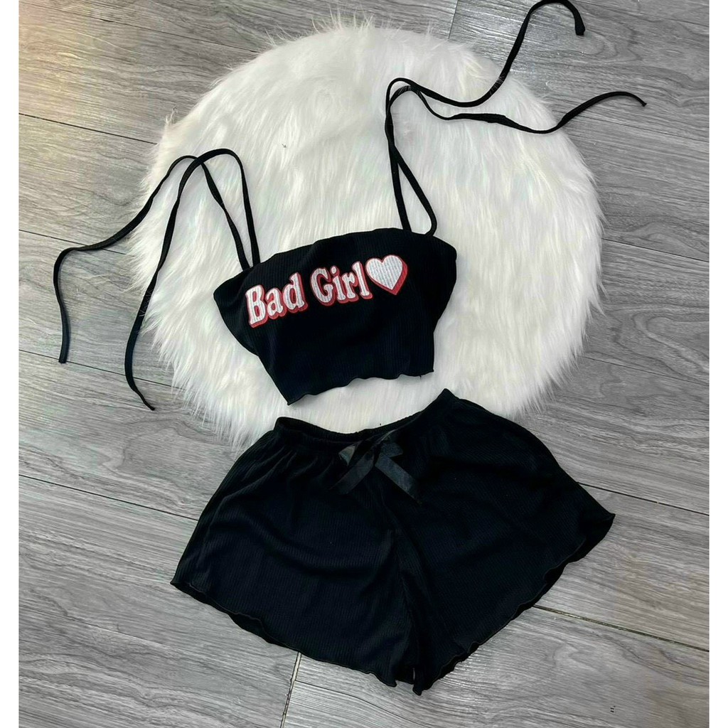 Sét bộ áo hai dây croptop cột vai Bad Girl phối quần đùi cực xinh , chất thun gân mềm mịn