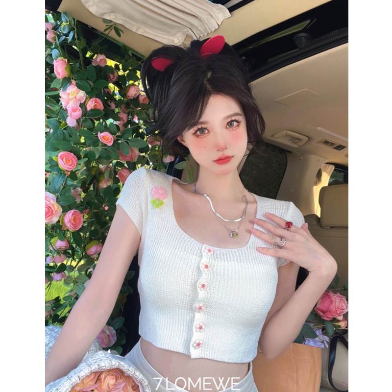 Cocory vn Áo Cardigan Croptop Dệt Kim Tay Ngắn Cổ Vuông Màu Đỏ Hồng Thời Trang Mùa Hè Quyến Rũ Cho Nữ