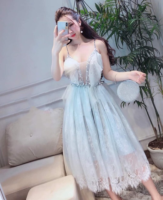 Đầm dự tiệc ren mi 2 dây kết cườm kim sa tròn sang trọng TRIPBLE T DRESS - Size M/L - MS130V