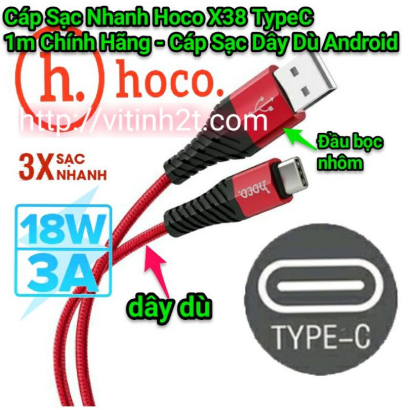 Cáp Sạc Nhanh Hoco X38 TypeC 1m Chính Hãng - Cáp Sạc Dây Dù Android