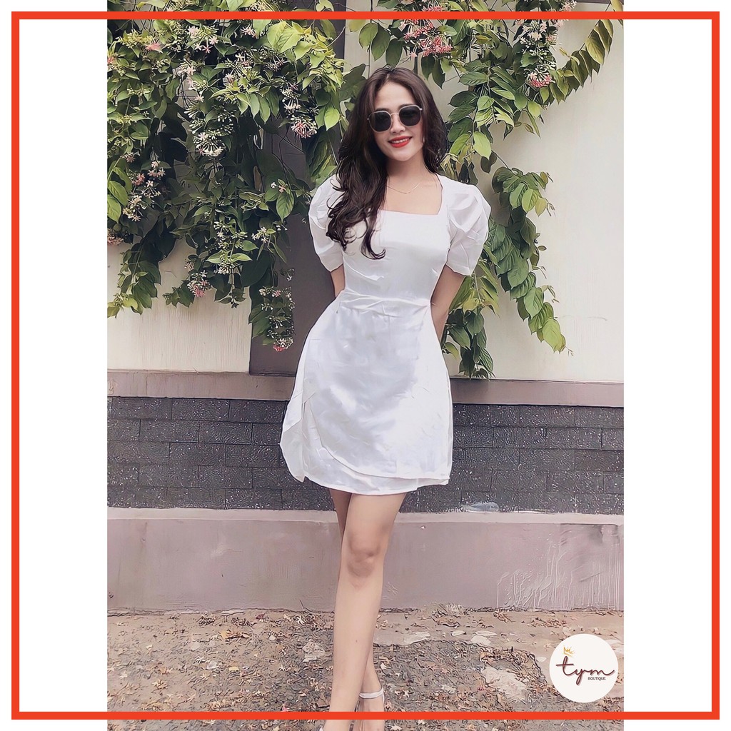 Đầm lụa satin cổ vuông tay phồng, gấp nếp hông xoắn eo tôn dáng, kèm mút | Free size (40-55kg) | - TYM11 | BigBuy360 - bigbuy360.vn