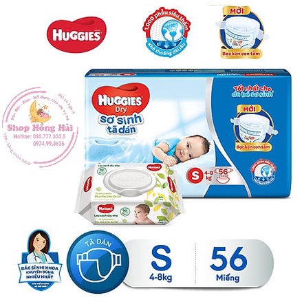 (Tặng khăn ướt) Tã/Bỉm dán sơ sinh Huggies S56/NB74