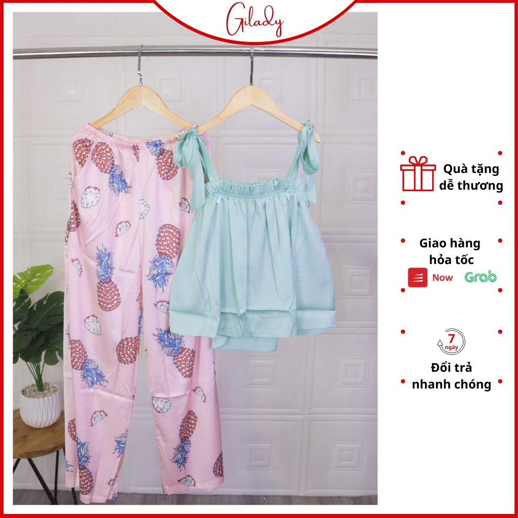 Đồ Bộ Áo Dây Quần Dài Nơ Vai Họa Tiết Đẹp, Bộ Hai Dây Nữ Mặc Nhà Lụa Latin Form Đẹp Có Bigsize Dưới 65kg - Gilady S84